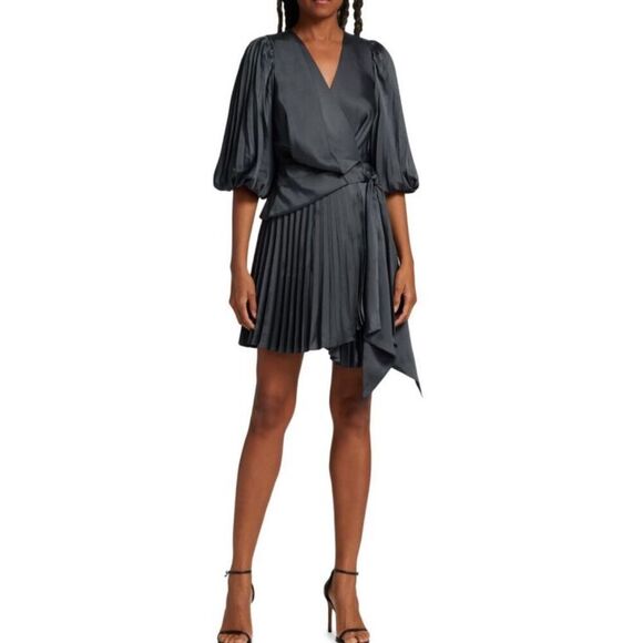 NWT ACLER satin wrap pleated Harlem dress in petrol US 4, $399 - Picture 2 of 13